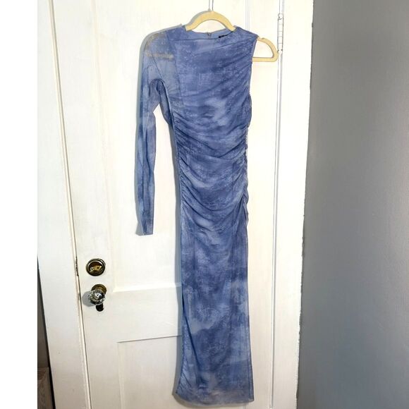 ZARA One Sleeve Asymmetrical Tulle Mesh Lined Midi Dress Blue Size Small - Picture 6 of 8